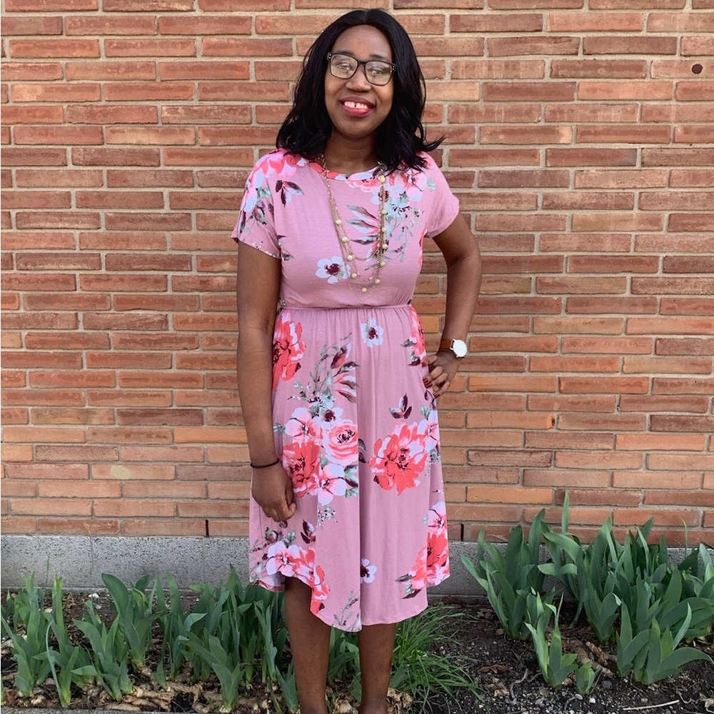 Reborn J Pink Floral Midi Sundress with Crew Neck